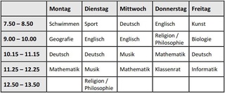 So oder so ähnlich kann ein Stundenplan Ihres Kindes in der fünften Klasse an der MPS aussehen.